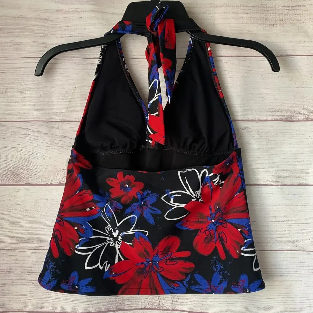 Catalina Floral Halter Tankini Swimsuit Top Red White Blue Size S (4-6)